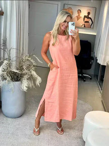 Vestido Midi Luísa em Linho- Elegância em cada Detalhe + Frete Grátis
